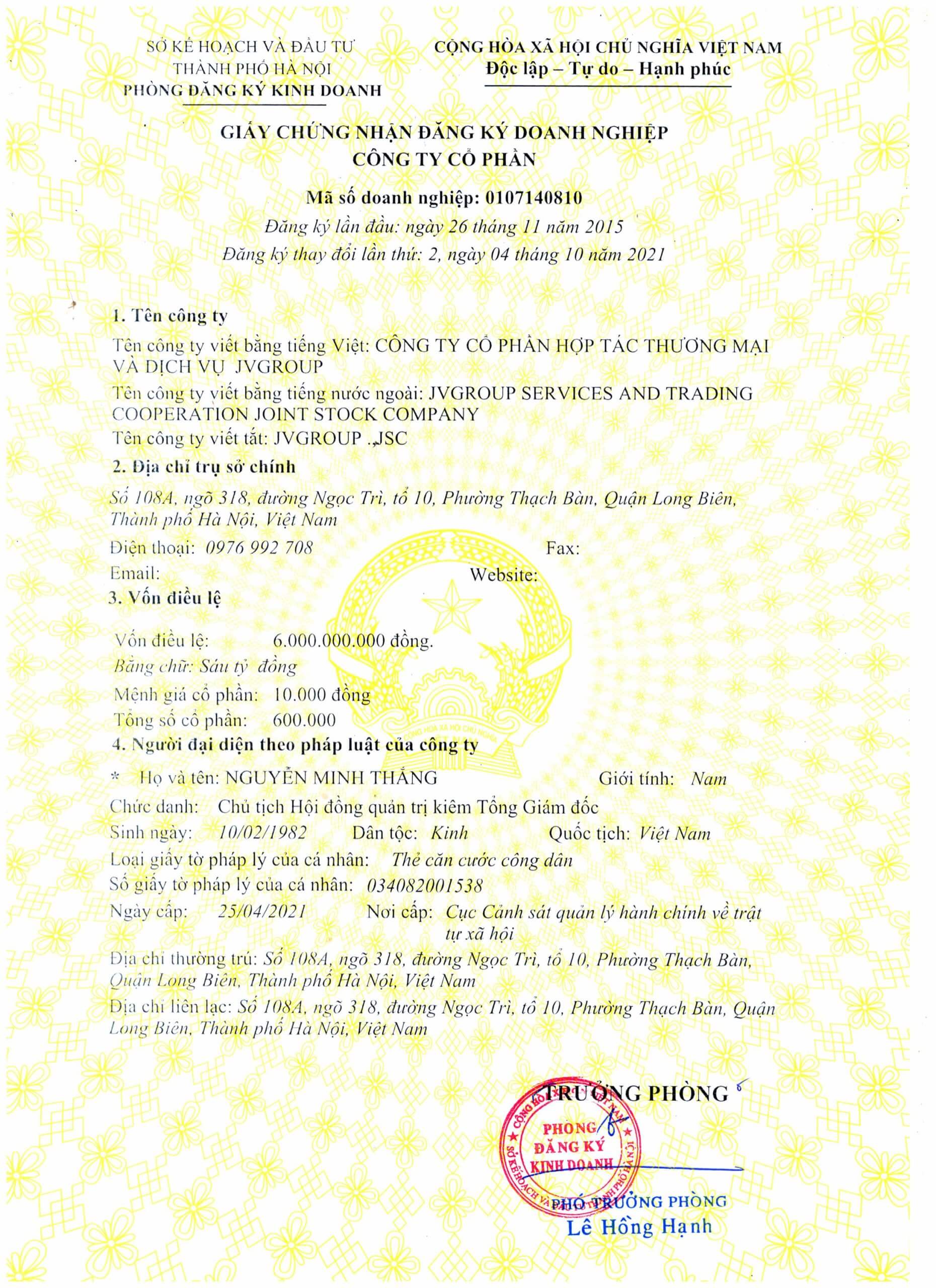 Chưng nhận đăng ký kinh doanh jvgroup